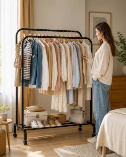 Напольная вешалка для одежды Loft Rack с двойной конструкцией - стальная, черный, 150x110x57 см, с колесами и полкой для обуви thumbnail