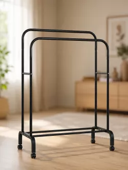 Напольная вешалка для одежды Loft Rack с двойной конструкцией - стальная, черный, 150x110x57 см, с колесами и полкой для обуви thumbnail