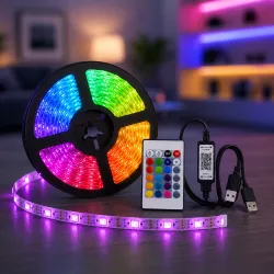 Гибкая RGB LED лента 15 м с USB и Bluetooth - Управление пультом, Подходит для ТВ и мебели thumbnail