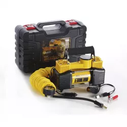 Автомобильный компрессор YELLOW с набором инструментов - Двухпоршневой, 12V, в кейсе, манометр, насадки в комплекте thumbnail