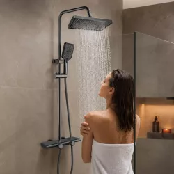 Душевая система Faucet CR-25HT030 - металл, тёмный дизайн, верхний душ и ручная лейка, смеситель в комплекте thumbnail