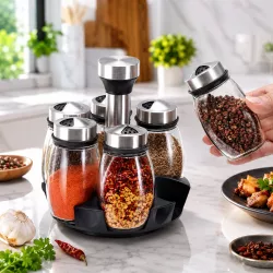 Набор для специй Spice Carousel - 6 стеклянных баночек, металлические крышки, 360° вращающаяся подставка thumbnail