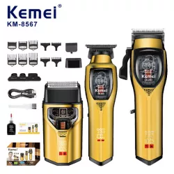Машинка для стрижки Kemei KM-8567 3в1 - беспроводная, Li-ion 2000 мАч, LCD-дисплей, USB зарядка, набор насадок thumbnail