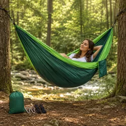 Подвесной гамак Travel Hammock 270x140 см - двухместный, нейлон 210T, до 150 кг, чехол и крепеж в комплекте thumbnail