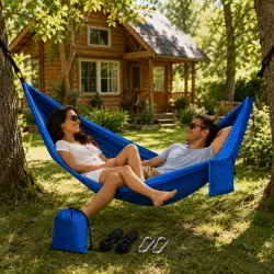 Подвесной гамак Travel Hammock 270x140 см - двухместный, нейлон 210T, до 150 кг, чехол и крепеж в комплекте thumbnail