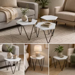 Набор кофейных столиков - шестиугольные, 3 шт, белые столешницы, черный каркас, современный дизайн thumbnail