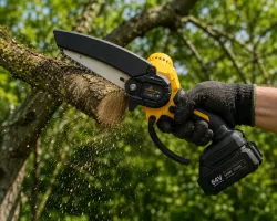 Аккумуляторная мини-пила Jumpex 26X-50 - 8 дюймов, 2 АКБ 21В, шина 240 мм, автоматическая смазка цепи, желтая thumbnail