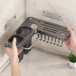 Настенный угловой органайзер для кухни - секция для ножей, 3 стакана для столовых приборов, крючки для кухонных принадлежностей thumbnail