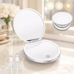 Круглое карманное зеркало с LED-подсветкой - аккумуляторное, зарядка через USB, компактный размер 9.1 см thumbnail