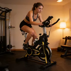 Велотренажер Everfit Spin Bike 118 - желтый, с подстаканником, регулируемым сиденьем и ЖК-дисплеем thumbnail