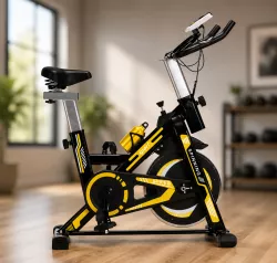 Велотренажер Everfit Spin Bike 118 - желтый, с подстаканником, регулируемым сиденьем и ЖК-дисплеем thumbnail