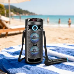 Портативная Bluetooth колонка KTS-2432 - Караоке-система 25 Вт, беспроводной микрофон, LED-подсветка, аккумулятор 3600 мАч thumbnail