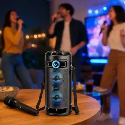 Портативная Bluetooth колонка KTS-2432 - Караоке-система 25 Вт, беспроводной микрофон, LED-подсветка, аккумулятор 3600 мАч thumbnail