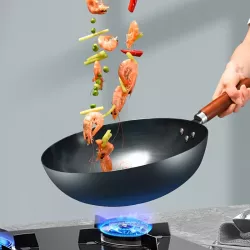 Сковорода WOK 32 см из углеродистой стали - съемная деревянная ручка, высокие бортики, плоское дно для всех плит thumbnail