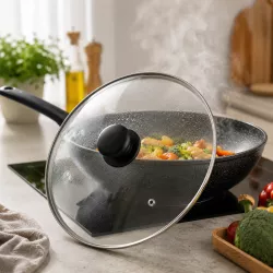 Стеклянная крышка для сковороды 32 см - закаленное стекло, пароотвод, металлический ободок thumbnail