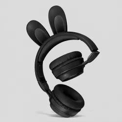 Детские беспроводные наушники с ушками зайца Bluetooth-5.0 - RGB подсветка, до 12 часов работы, складные, кабель 3.5 мм, черный/розовый thumbnail