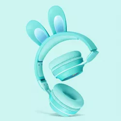 Детские беспроводные наушники с ушками зайца Bluetooth-5.0 - RGB подсветка, до 12 часов работы, складные, кабель 3.5 мм, черный/розовый thumbnail