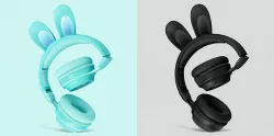 Детские беспроводные наушники с ушками зайца Bluetooth-5.0 - RGB подсветка, до 12 часов работы, складные, кабель 3.5 мм, черный/розовый thumbnail
