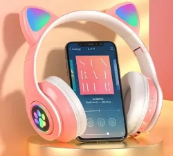 Беспроводные наушники с кошачьими ушками - Bluetooth, розовые, многоцветная подсветка, встроенный микрофон thumbnail