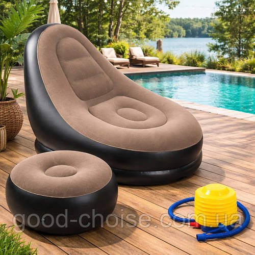 Надувне крісло з пуфиком та насосом Air Sofa, (116х98х83см) / Надувне велюрове крісло-диван для відпочинку