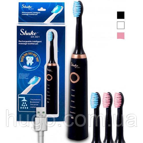 Електрична зубна щітка Shuke з 4 насадками Чорна / Акумуляторна зубна щітка / Зубні щітки