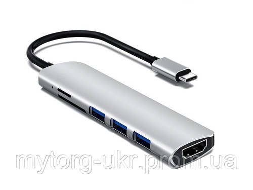 Хаб-перехідник 6 в 1 з Type C на 4K HDMI, SD, TF, 3 × USB 3.0 6 в 1  Сріблястий