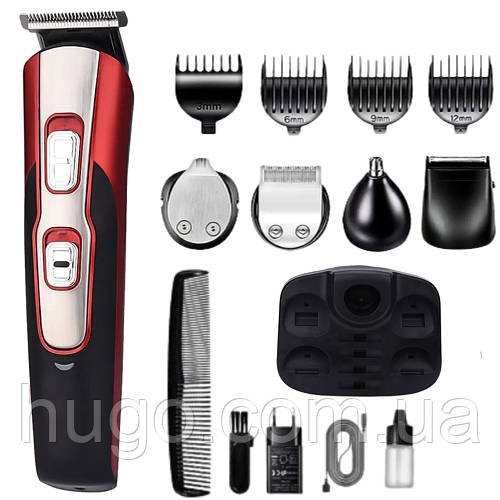 Машинка для стрижки 10в1 GM 592, Червона / Акумуляторна машинка триммер з насадками / Електробритва
