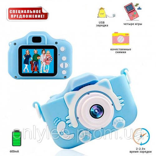 Дитячий цифровий фотоапарат-відеокамера котик у чохлі Children's fun Camera синій