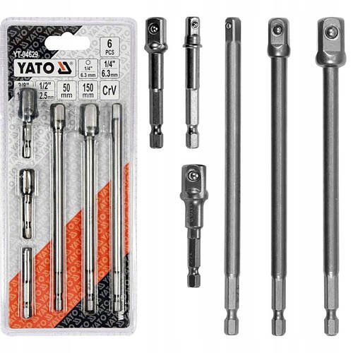 Набір Перехідників HEX Для Головок 1/4", 3/8", 1/2", L=50 та 150 мм 6 шт YATO (YT-04629)
