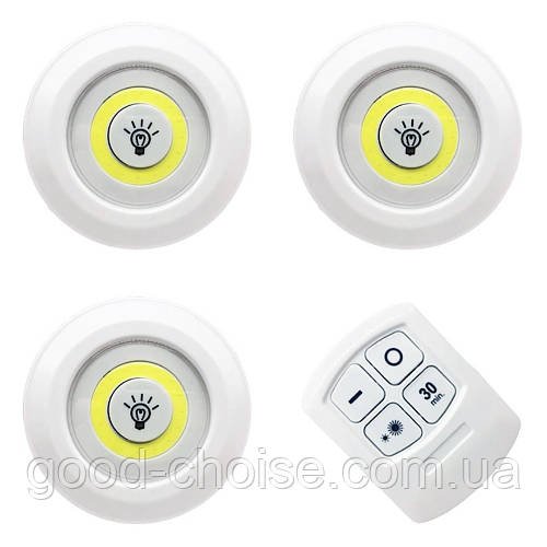 Світлодіодний сенсорний нічник LED light, 3 шт з пультом / Набір світильників для стель на батарейках