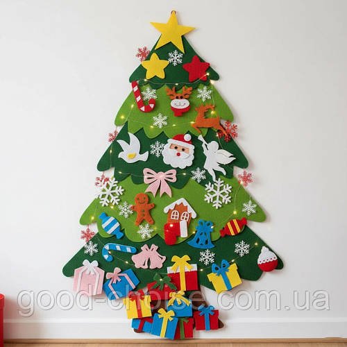Дитяча ялинка + 25 іграшок з фетру (100х59 см) Christmas Free / Безпечна новорічна ялинка для дітей