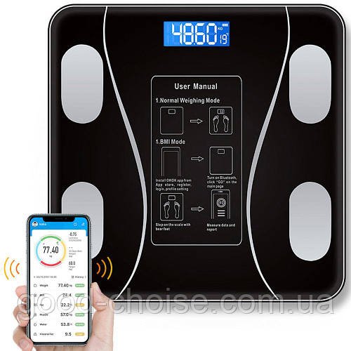 Смарт ваги підлогові Bluetooth, до 180 кг A-8003, Чорні / Розумні фітнес ваги з додатком