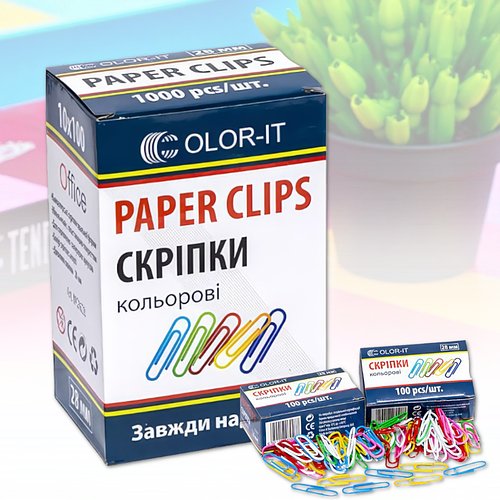 Набір кольорових металевих скріпок "С" CR628 Упаковка 1000 шт.
