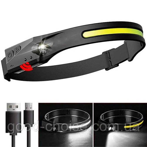 Налобний ліхтар із сенсором 2в1 BL-G28, з USB зарядкою / Акумуляторний LED ліхтарик для риболовлі та кемпінгу