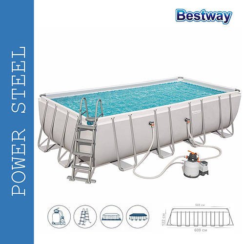 Великий каркасний прямокутний басейн Bestway 56466 (549-274-122 см, 14812л, сходи, підстилка, фільтр) Білий
