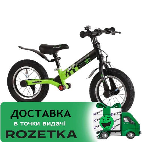 Дитячий беговел 12 дюймів (надувн.колеса, алюмінієва рама) Corso Skip Jack 95112 Чорно-зелений