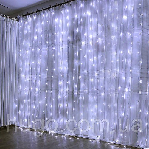 Гірлянда штора від мережі (2,5 х1, 5 м) 240 LED прозорий шнур Біла / Світлодіодна гірлянда з перехідником
