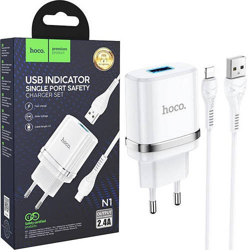 Зарядний пристрій HOCO N1 2.4A порт USB + кабель USB-Lightning White