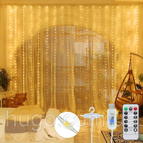 Світлодіодна USB гірлянда "Штора" 3х3 м, 300 LED з пультом та гачками, Теплий білий / Новорічна гірлянда