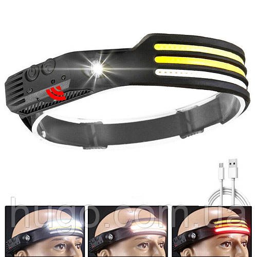 Налобний акумуляторний USB ліхтарик стрічка CB-689-3, 5V Type-C / Світлодіодний ліхтар на лоб для кемпінгу