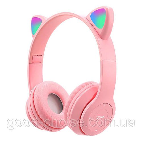Бездротові Bluetooth навушники з котячими вушками та підсвічуванням Cat Miu Star P47 Рожеві / Дитячі навушники