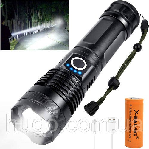 Потужний тактичний ліхтар USB, 1500Lm, до 1200 м, ZOOM, BLX71-P90, 26650 / Акумуляторний ліхтарик