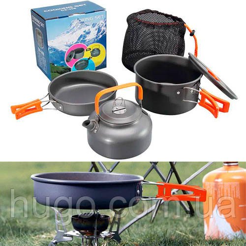 Набір посуду похідного 3в1 Cooking Set DS-308, Помаранчевий / Туристичний похідний набір посуду