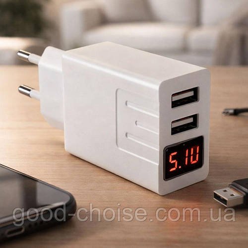 Зарядний адаптер з 2 USB та дисплеєм CX QC03 (3,1А) / Блок живлення для заряджання телефону