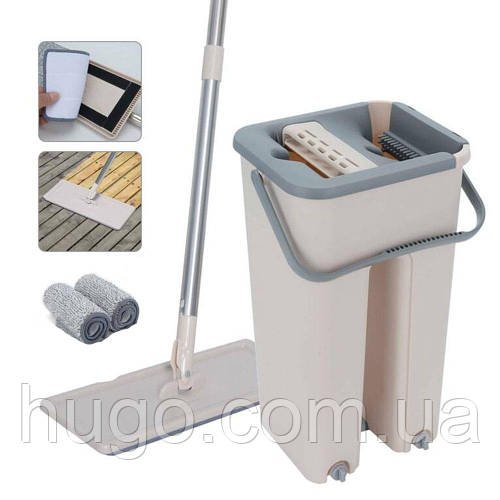 Швабра з віджимом та відро 3,5л + 2 насадки, Scratch Cleaning, Світло бежева / Набір для прибирання / Швабра ледарка