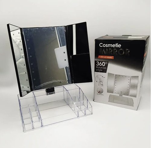 Потрійне LED дзеркало для макіяжу зі світлодіодним підсвічуванням та органайзером Чорний