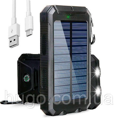 Сонячний повербанк 20000 mAh, з вбудованим ліхтариком, Чорний / Водонепроникний Power bank