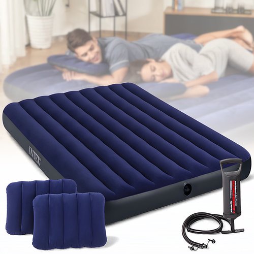 Двомісний надувний матрац з подушками та ручним насосом 152х203х25см Intex Синій