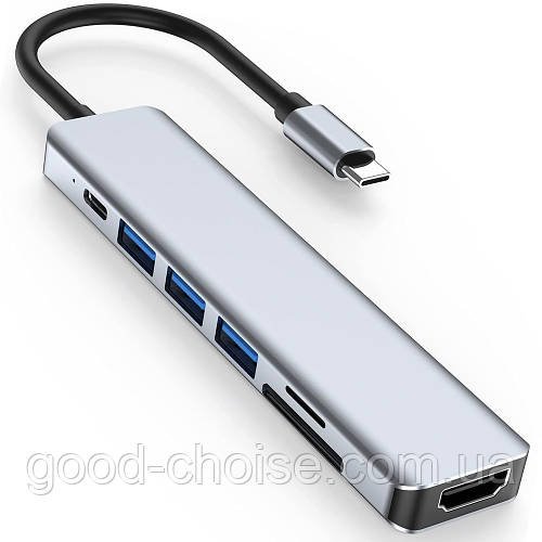 USB хаб 7в1, Type-C to HDMI + SD + TF + 3хUSB + PD / Багатопортовий розгалужувач для ноутбука