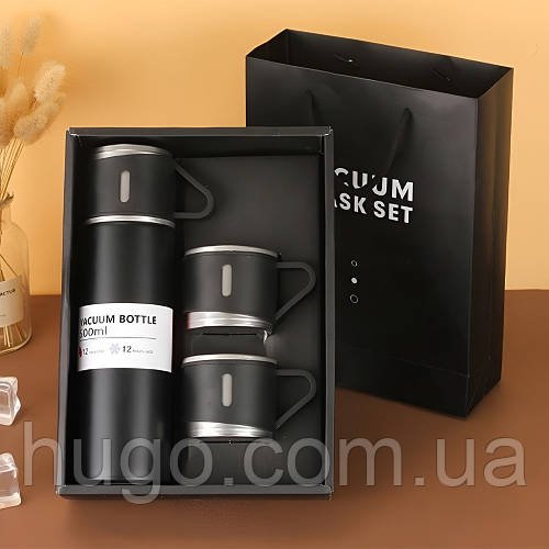 Термос із вакуумною ізоляцією 3в1 + 3 чашки 500 мл, Vacuum Flask Set, Чорний / Подарунковий набір термос